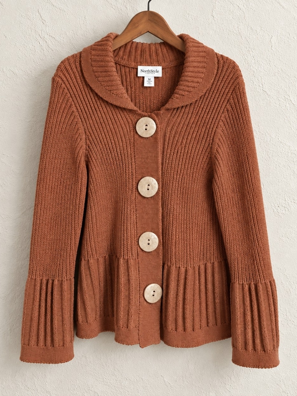 NorthStyle Women's Rust Button-Front Ribbed Peplum Cardigan